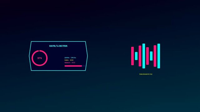 A digital api integration interface displays data throughput metrics while vibrant neon circular loading indicators and vertical frequency bars pulsate against a deep dark gradient atmosphere