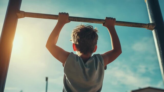 A young boy using a playground weight lifting machine on a sunny day.