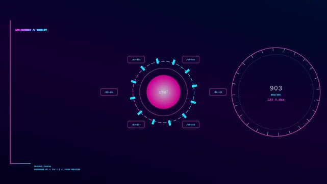 A circular digital interface showing api integration statistics while glowing neon nodes pulse rhythmically in an electronic display of vibrant magenta and bright cyan visual data