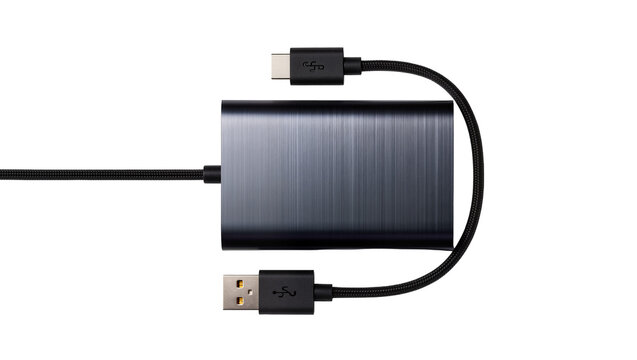 Isolated dark grey external USB-C hub adapter with braided cables for computer connectivity.