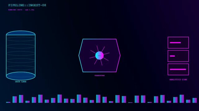 A smooth API integration flow animation showing digital data processing nodes within a dark virtual environment with glowing neon lines representing complex system information streams
