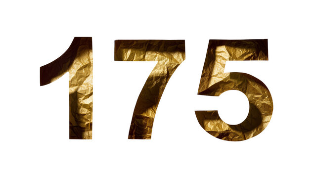 Isolated gold crumpled foil numbers 175 with metallic shiny texture and shadow details
