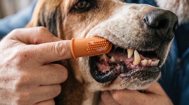 Person cleaning dog teeth with a finger brush for dental care at home