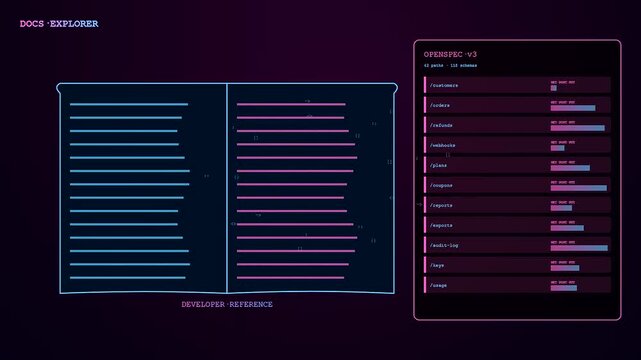 A digital api integration interface displays nested menu items across a dark screen panel featuring glowing lines and purple hues in a clean aesthetic layout