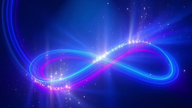 Glowing neon infinity symbol with sparkling stardust and light beams on dark blue background