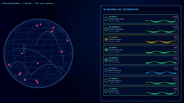 A sophisticated digital api integration interface displays shifting globe maps with glowing nodes and streaming bar charts that animate across three separate panels in real time