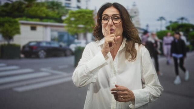 Middle aged hispanic woman clasping hands at a zebra crosswalk on a street, later raising finger to lips for silence; calm reassurance.