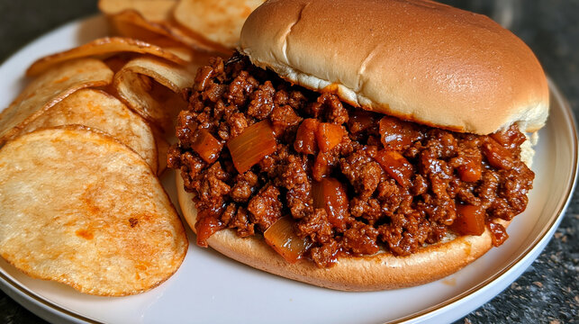 Homemade sloppy joe sandwich filled with seasoned ground beef, served with potato chips on a plate. Ideal for comfort food recipe concepts.