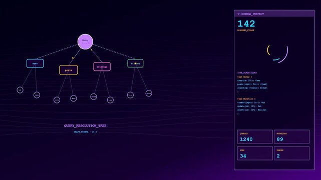 the api integration process visualizes complex data structures through glowing nodes and lines on a dark digital display monitor for software developer interface monitoring