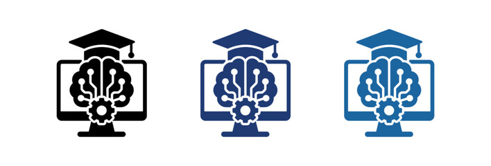 Obraz premium Artificial intelligence education icons featuring digital brain with graduation cap on computer monitor screen.