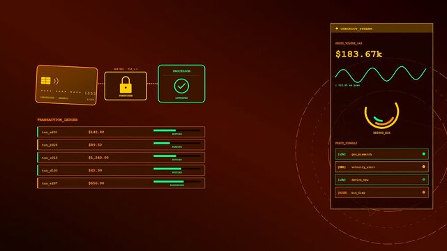 A digital api integration display showcases flowing data streams with credit card transaction logs and neon graphic pulses against a deep gradient maroon atmosphere
