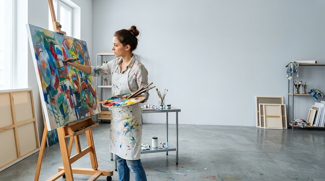 Artist Creating Abstract Painting on Canvas in Studio Artist Painter Creative Person Man Male Adult Working Creating Painting Art Artwork Abstract Non-representational Expressive Emotional Canvas