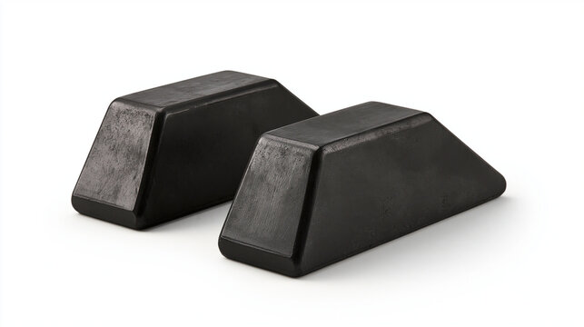 Pair of heavy-duty black rubber wheel chocks isolated on white background. Ideal for vehicle security and automotive safety concept designs.