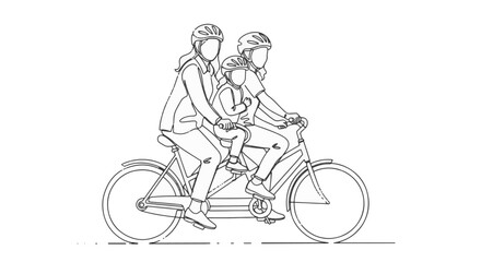Fototapeta premium Continuous single line art drawing of a family with two parents and a child riding a tandem bicycle. The three figures wear safety helmets on a minimalist white background.