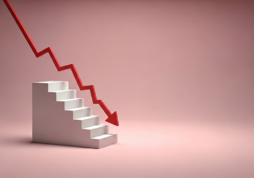 Red down arrow falling over white staircase on pink background symbolizing economic crisis financial loss business failure and market decline.