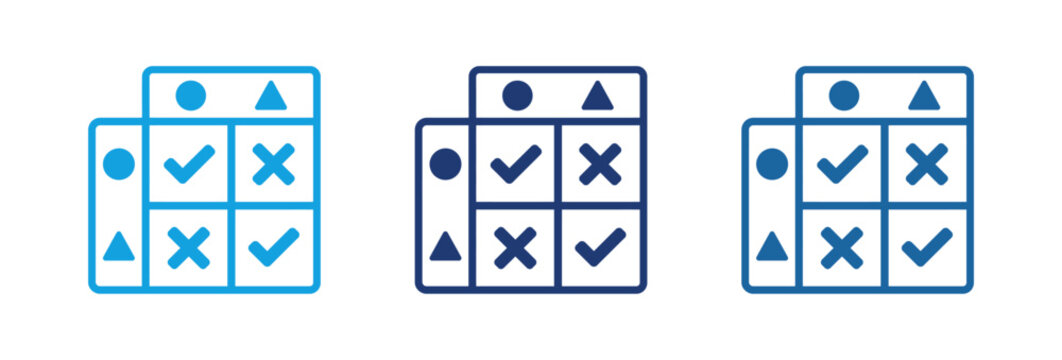 Set of three comparison matrix icons with check marks and cross symbols in blue line art style.