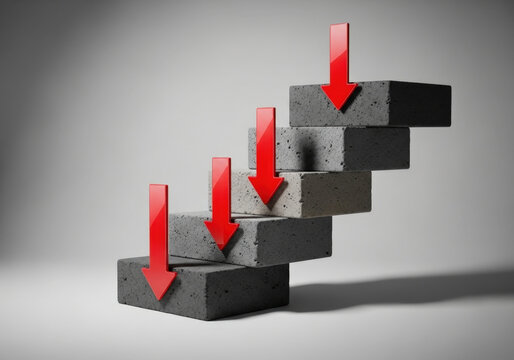 Red glossy arrows pointing downward from stacked gray concrete blocks representing market decline and financial loss over white background.