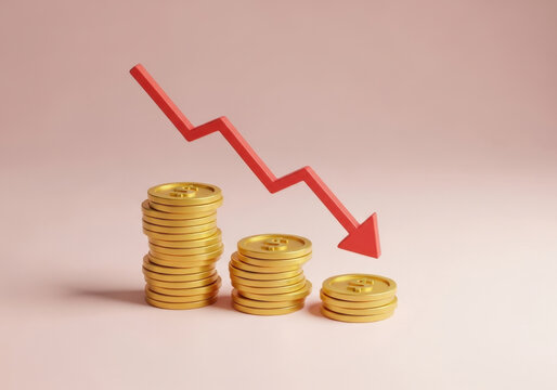 Red downward arrow showing financial decline trend over stacks of golden coins representing decreasing savings or investment losses on pink.