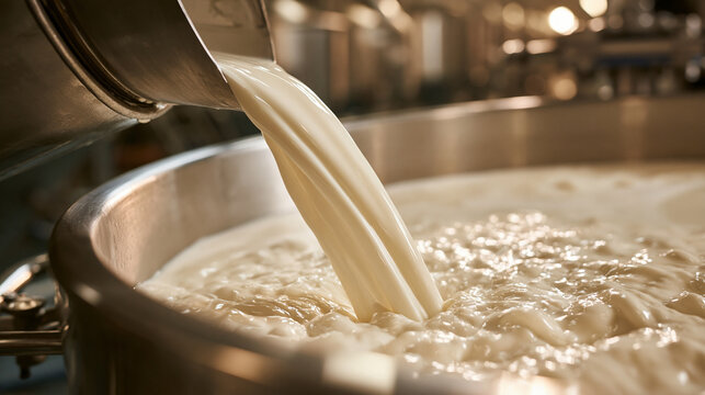 Fresh milk pouring into a large industrial stainless steel vat for processing. High-quality dairy production concept for commercial food industry advertisements.