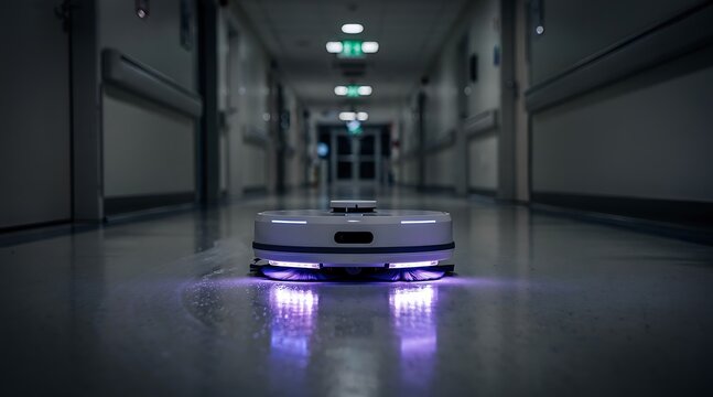 Autonomous cleaning robot with purple LED lights moving down a hospital corridor at night.