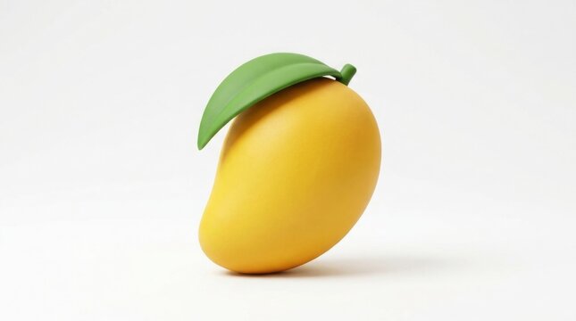 Food - Glossy Yellow Mango with Green Leaf 3D Render Isolated on White Background Minimal Style