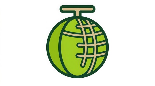 Food - Green Melon Fruit Flat Icon with Net Pattern and Stem Vector Illustration on White Background