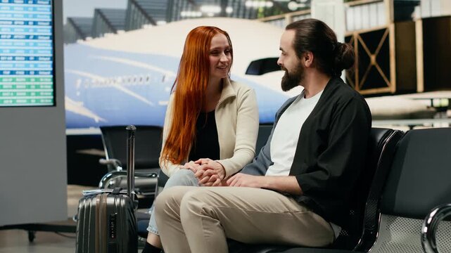 A happy couple sits with a suitcase in an airport lounge, planning sightseeing and attractions while enjoying a romantic holiday together before their flight during international travel.