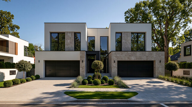 A modern two-story villa exterior with large garage doors and landscaped yard under clear blue sky. Perfect for luxury real estate and architectural design projects.