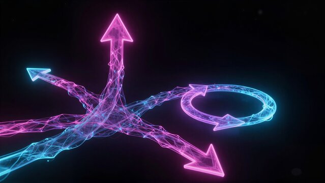 Neon arrows glow against dark void, symbolizing direction, choice, and dynamic motion.