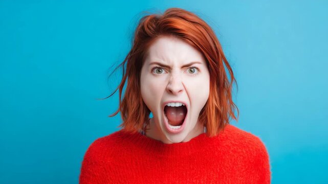 A woman with red hair is wearing a red sweater and has her mouth wide open as if she is yelling. She looks surprised or angry. The background is blurred but it appears to be blue.