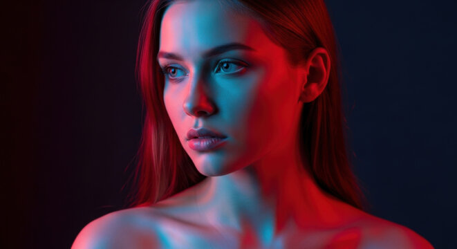 Serious young woman with long hair looking away bathed in contrasting red and blue neon light on dark background.