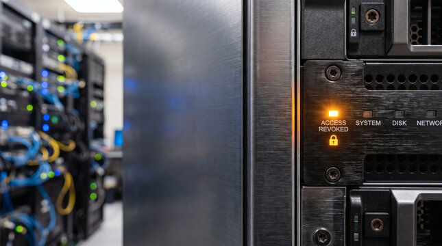 Access revoked indicator light on a modern server rack
