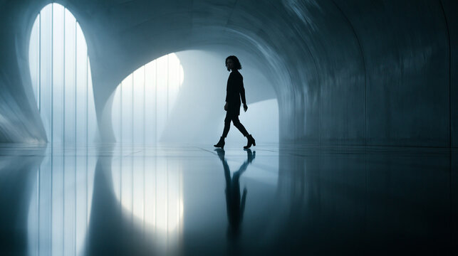 Woman Walking Through Futuristic Tunnel With Light