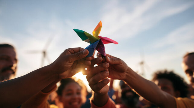 Diverse Group Holding Colorful Pinwheel Toy Together