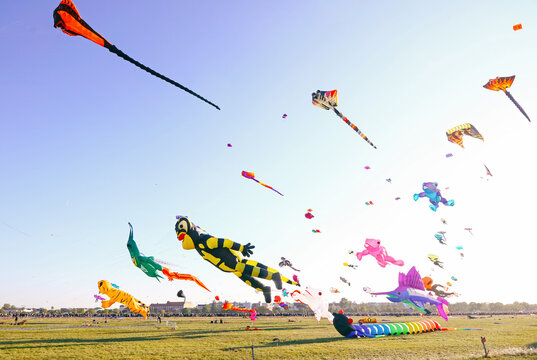 Berlin, Germany - September 27, 2025: Spectators enjoy colorful giant kites soaring over Tempelhofer Feld during the annual Festival der Riesendrachen, one of Berlin's most popular outdoor events