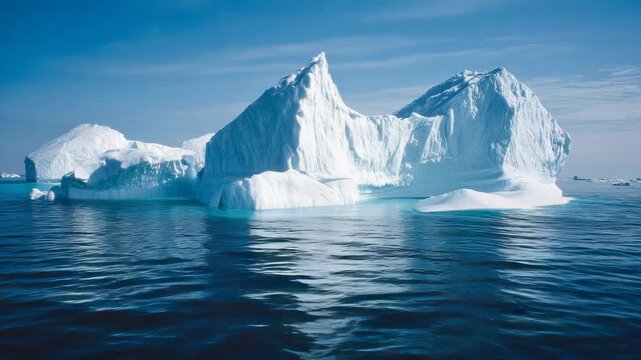 Stunning view of an iceberg in the ocean. A large piece of floating ice with a clear blue base surrounded by crystal-clear water.