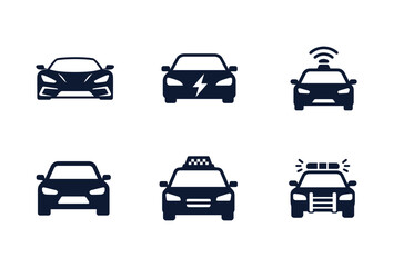 Obraz premium Set of modern car front view icons including electric vehicle taxi police and autonomous smart car.