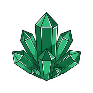 Vibrant green emerald crystal cluster illustration isolated on white. Stylized vector graphic with sharp geometric facets and a clean modern aesthetic perfect for logos and icons.