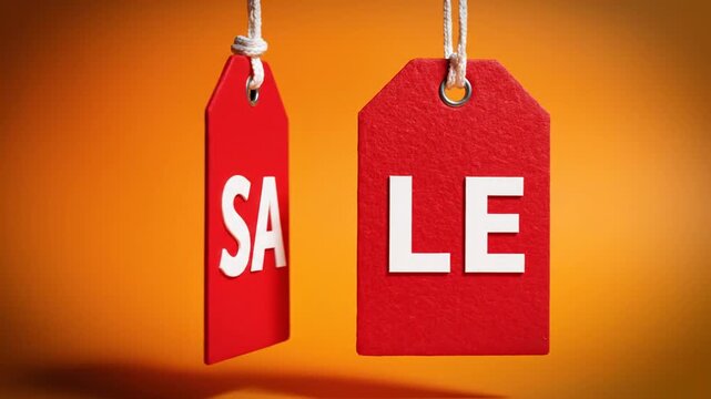 Two red price tags spelling sale against orange background