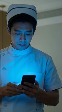 Vertical video: Tapping smartphone, activating blue tool, nurse adjusting cap while scanning clinic