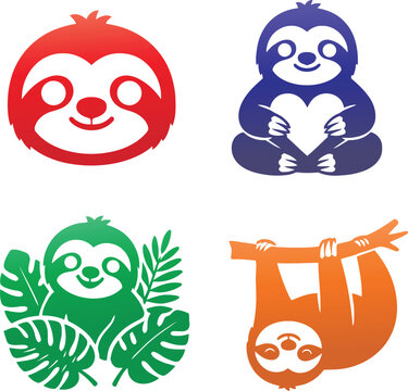 Cute sloth cartoon logo vector set, lazy animal with heart and tropical