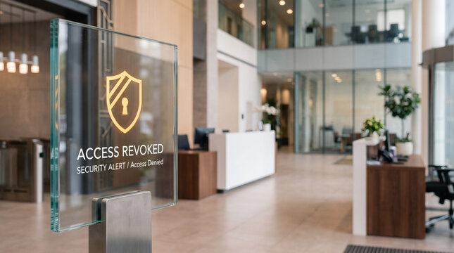 Access revoked security alert sign in a modern office lobby