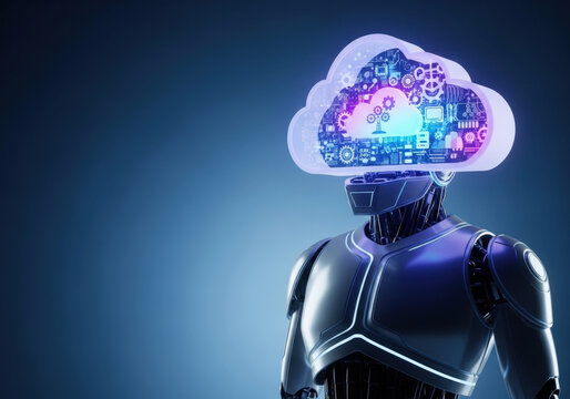 Sophisticated humanoid robot standing against solid blue background featuring glowing cloud computing network hologram emerging from metallic head.
