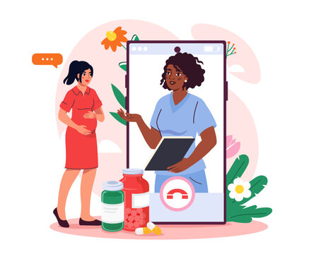 Vector illustration of a pregnant woman receiving remote medical advice from a healthcare professional. Telemedicine, maternity care and online pregnancy support concept