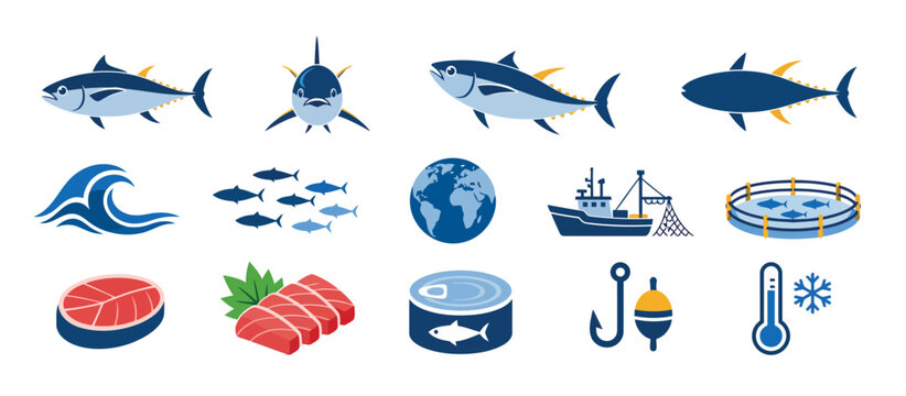 Colorful seafood and fishing industry icons collection.