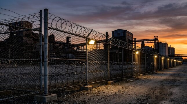 Barbed wire security fence at an industrial site