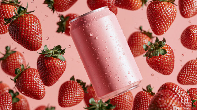 A pink aluminum soda can floats surrounded by fresh strawberries with water droplets. Perfect for refreshing summer beverage marketing and juice advertisement campaigns.