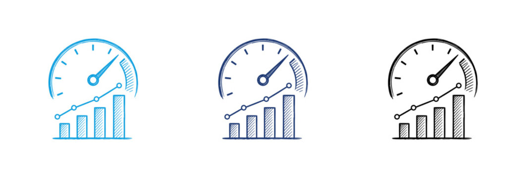 Business performance dashboard icons showing speedometer and growth bar charts in three color variations.
