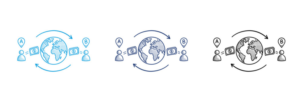 Global money transfer and international remittance concept sketch with world map and people icons.