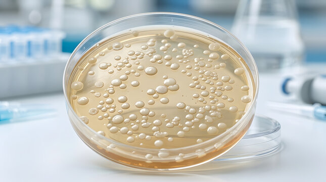 Close up of bacterial colonies growing on agar plate